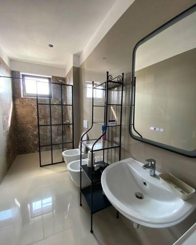 La salle de bains est pourvue de 2 lavabos et d'un grand miroir. dans l'établissement Sara blue apartment, à Tirana