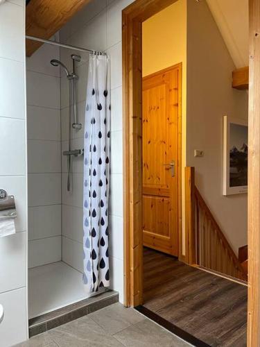 a walk in shower in a bathroom with a shower curtain at Unieke houten villa met SAUNA in Twente - 6p in Den Ham