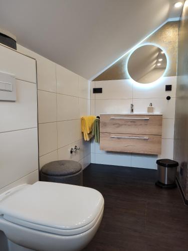 a bathroom with a white toilet and a sink at Pension Villa Irene in Kurort Gohrisch