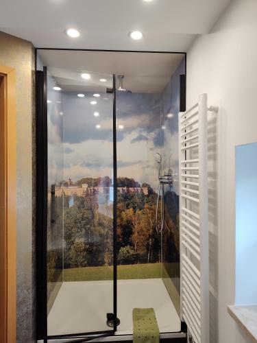 a bathroom with a shower with a large window at Pension Villa Irene in Kurort Gohrisch