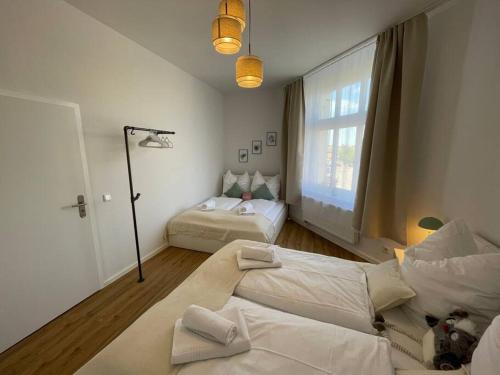 a room with two beds and a window at LUCKY STAYS LS08 - Vollausstattung - Zentrum - Aufzug - große Küche - 2 Zimmer - Smart-TV in Magdeburg