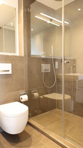 a bathroom with a toilet and a glass shower at MUNICH FINEST APARTMENTS in Munich