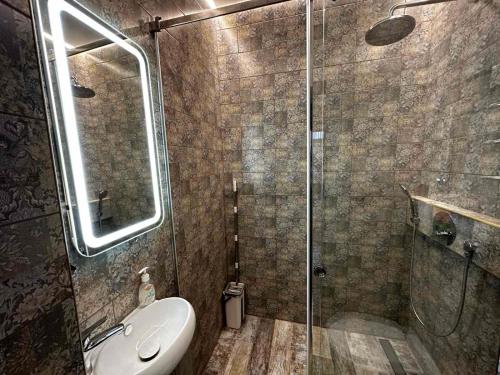 a bathroom with a shower and a toilet and a sink at VIP квартира подобово in Luts'k