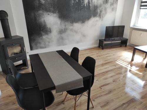 a dining room with a black table and chairs and a fireplace at Beautiful apartments in the city of zeitz in Zeitz
