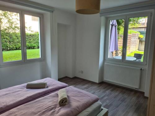 a bedroom with a bed and two windows at Gartenwohnung im Zentrum von Vira/Gamborogno in Vira