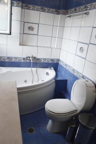 a blue and white bathroom with a toilet and a tub at Aegean Dreams Villa Palio in Paleo Tsifliki