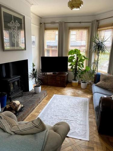 a living room with a couch and a tv at The Vintage retreat in Belfast