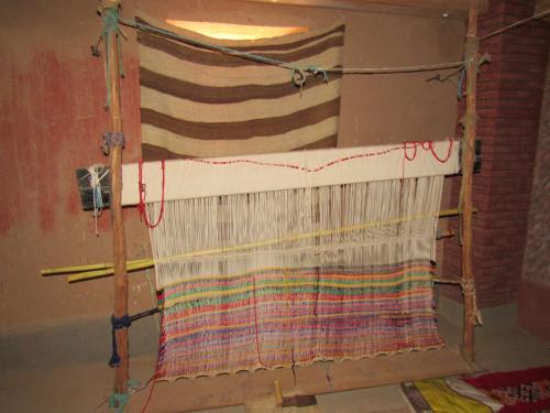 Habitación con cama con cortina en Dounia Hostel, en Tinerhir
