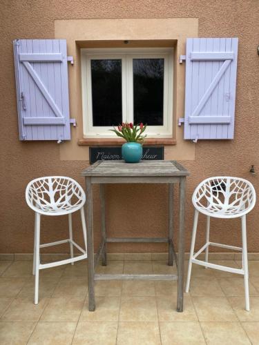 two chairs and a table with a window and a vase with flowers at Château de Charme in Vallon-Pont-dʼArc