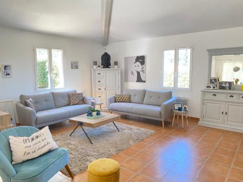 ein Wohnzimmer mit 2 Sofas und einem Tisch in der Unterkunft Château de Charme in Vallon-Pont-dʼArc