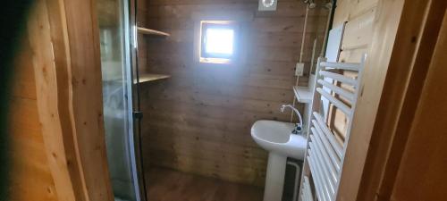 a small bathroom with a sink and a toilet at Vakantiepark 't Urkerbos - 5 persoons Brabantse blokhut in Urk