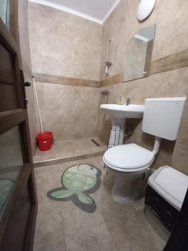 a bathroom with a toilet and a sink at Casa Peneșel in Băile Herculane