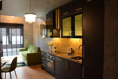 a kitchen with black cabinets and a living room at Apartament Gwiazda Renesansu in Zamość