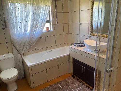 a bathroom with a toilet and a sink and a shower at Zacks Country Stay Self-catering in Krugersdorp