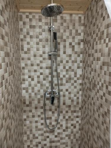 a shower in a bathroom with a tiled wall at Haza Del Puente in Riópar