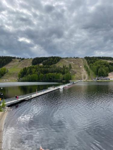 a bridge over a lake with a group of people on it at Spa Hotel RED in Tahkovuori