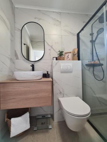 a bathroom with a sink and a toilet and a mirror at Harmony Home in Drage
