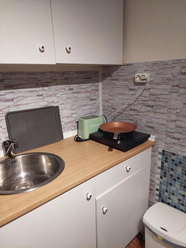 a kitchen counter with a sink and a pan on a burner at Casa da vila de Caria in Caria