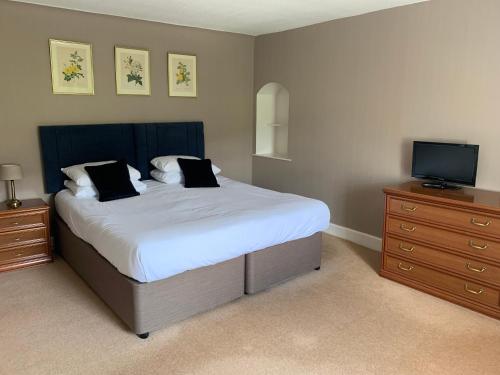um quarto com uma cama, uma televisão e uma cómoda em The Delnashaugh em Ballindalloch