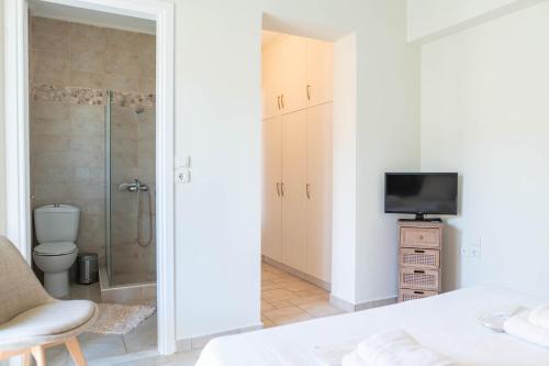 a bathroom with a shower and a toilet and a television at Kos Secret Villa with private pool in (( Kermetés ))