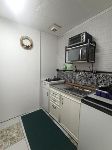 a kitchen with a sink and a microwave at Centro de Gramado in Gramado