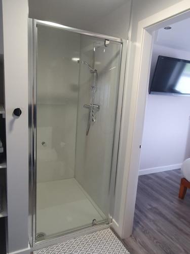 um chuveiro com uma porta de vidro num quarto em Self catering. Maydene. Holm. Orkney, Scotland. em Nether Button