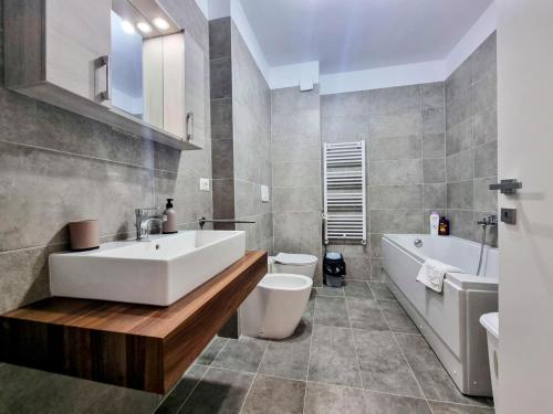 蒂米什瓦拉的住宿－ATENEO - Studio DeLuxe Modern Apartment, Big Balcony, Plus Parking，一间带水槽、浴缸和卫生间的浴室