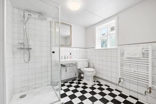 a white bathroom with a toilet and a shower at Downtown Baldursbrá Holiday Home in Reykjavík