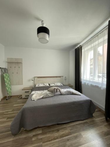 a bedroom with a large bed and a large window at La Mary in Old Town in Sibiu