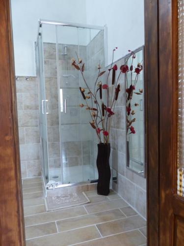 a bathroom with a shower with a vase with flowers at B&b Ammentos in Magomadas