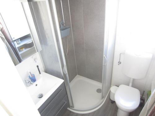 La salle de bains est pourvue d'une douche, de toilettes et d'un lavabo. dans l'établissement Spatzennest Beach Chalet 22, à Scharbeutz
