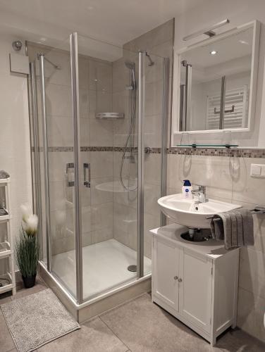 a bathroom with a shower and a sink at Ferienwohnung an der historischen Stadtmauer in Cochem