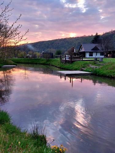 a small river with a house in the background at Ciucea185 -Casa din Livadă in Ciucea