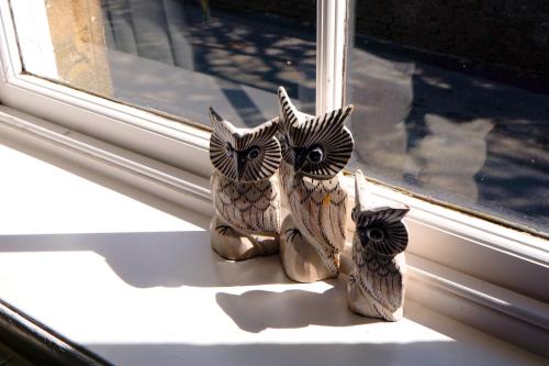 two owls are sitting on a window sill at Greendale Teahouse and Rooms in Chatburn