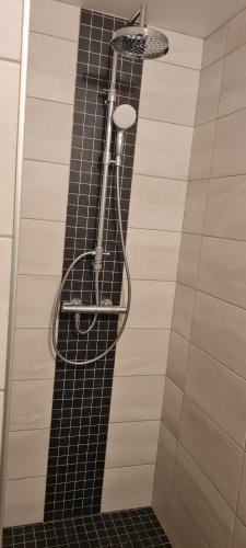 eine Dusche mit einer schwarz-weißen Wand in der Unterkunft Appt à Ancelle pied des pistes in Ancelle