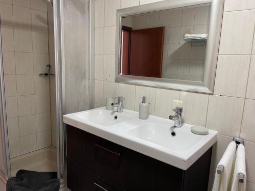 a bathroom with a white sink and a mirror at Helle Zwei-Zimmer-Stadt-Wohnung am Bismarkplatz mit Tiefgarage in Landshut