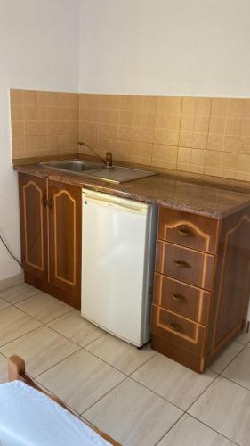 a kitchen with a sink and a white refrigerator at Vila 3 in Himare