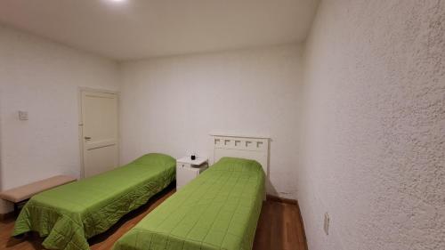 2 camas en una habitación pequeña con sábanas verdes en Casa Tiburcio en Godoy Cruz