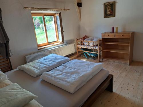 1 dormitorio con 2 camas, vestidor y ventana en Vila Hedvika en Nové Hrady