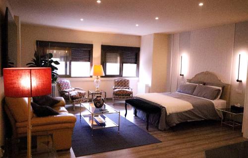 マドリードにあるGOYA Loft de Categoría Nuevoのベッドルーム1室(ベッド1台付)、リビングルームが備わります。