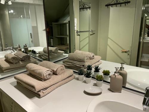 La salle de bains est pourvue de serviettes, d'un lavabo et d'un miroir. dans l'établissement 2 pièces climatisé en duplex avec terrasse, à Aix-en-Provence
