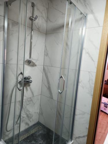 a shower with a glass door in a bathroom at Dodoši Ksenija in Cetinje