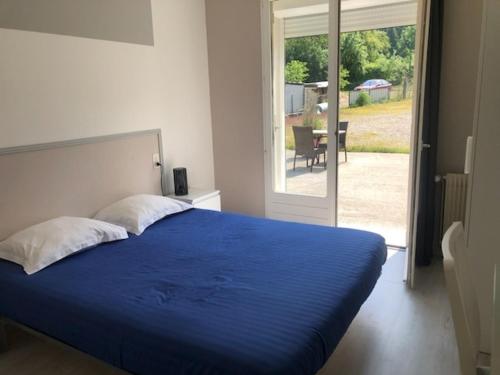 1 dormitorio con cama azul y puerta corredera de cristal en HOTEL BON ACCUEIL en Oyonnax