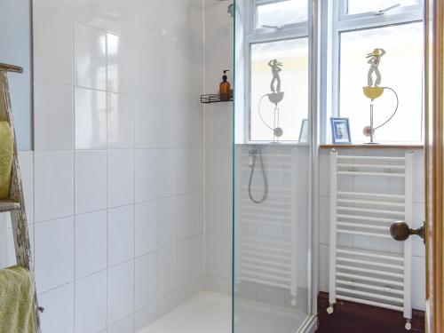 a shower with a glass door in a bathroom at Kennelmans in Sopley