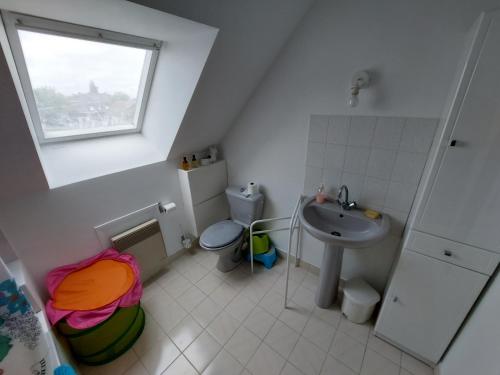a small bathroom with a sink and a toilet at Grande maison de 4 chambres, 9 couchages proche du Mont Saint Michel in Saint-James