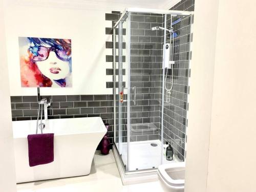 a bathroom with a shower and a sink and a toilet at The Lodge Annex - immaculate coastal property in Oystermouth