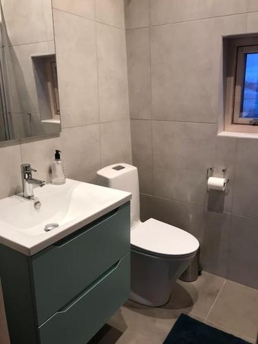 a bathroom with a white toilet and a sink at Senjavista, near nature, sea and mighty mountains in Skaland