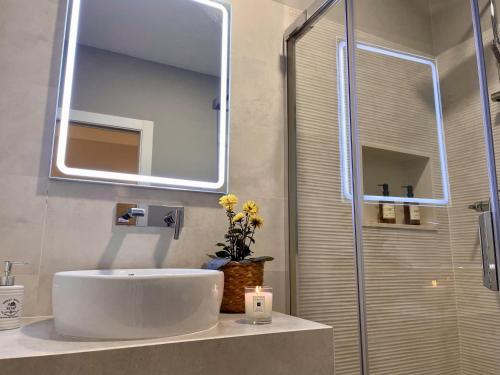 a bathroom with a sink and a mirror and a shower at Apartamentos MadreSelva in Fernán Pérez