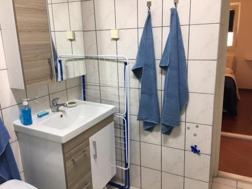 łazienka z umywalką i niebieskimi ręcznikami na ścianie w obiekcie Apartment Simo w mieście Herceg Novi