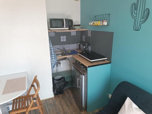 cocina pequeña con fregadero y fogones en studio Cosy proche hyper centre, en Quimper